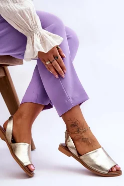 Sandały Płaskie></noscript>Zazoo 40327 Skórzane Wsuwane Sandały Złote Złoty