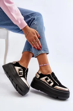 Online Zazoo 1833 Sneakersy Damskie Skórzane Na Masywnej Podeszwie Czarne