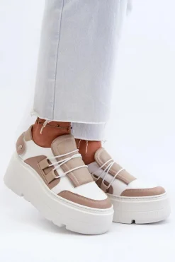 New 1833 Sneakersy Damskie Skórzane Na Masywnej Podeszwie Beżowo-Białe Damskie Buty Sportowe Na Platformie