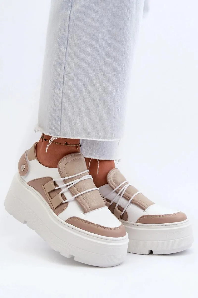 New 1833 Sneakersy Damskie Skórzane Na Masywnej Podeszwie Beżowo-Białe Damskie Buty Sportowe Na Platformie