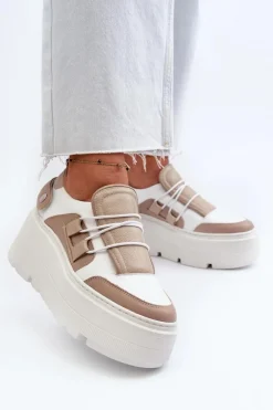 New 1833 Sneakersy Damskie Skórzane Na Masywnej Podeszwie Beżowo-Białe Damskie Buty Sportowe Na Platformie