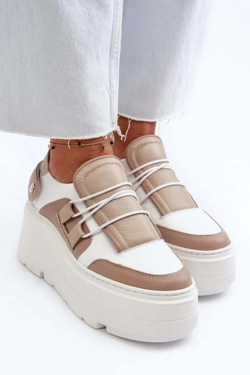 New 1833 Sneakersy Damskie Skórzane Na Masywnej Podeszwie Beżowo-Białe Damskie Buty Sportowe Na Platformie