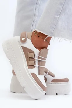 New 1833 Sneakersy Damskie Skórzane Na Masywnej Podeszwie Beżowo-Białe Damskie Buty Sportowe Na Platformie