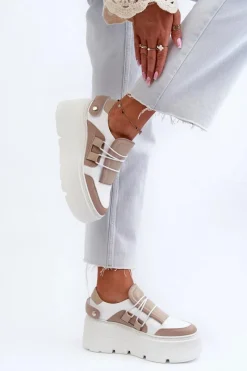New 1833 Sneakersy Damskie Skórzane Na Masywnej Podeszwie Beżowo-Białe Damskie Buty Sportowe Na Platformie