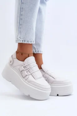 Online 1833 Sneakersy Damskie Skórzane Na Masywnej Podeszwie Białe Damskie Buty Sportowe Na Platformie