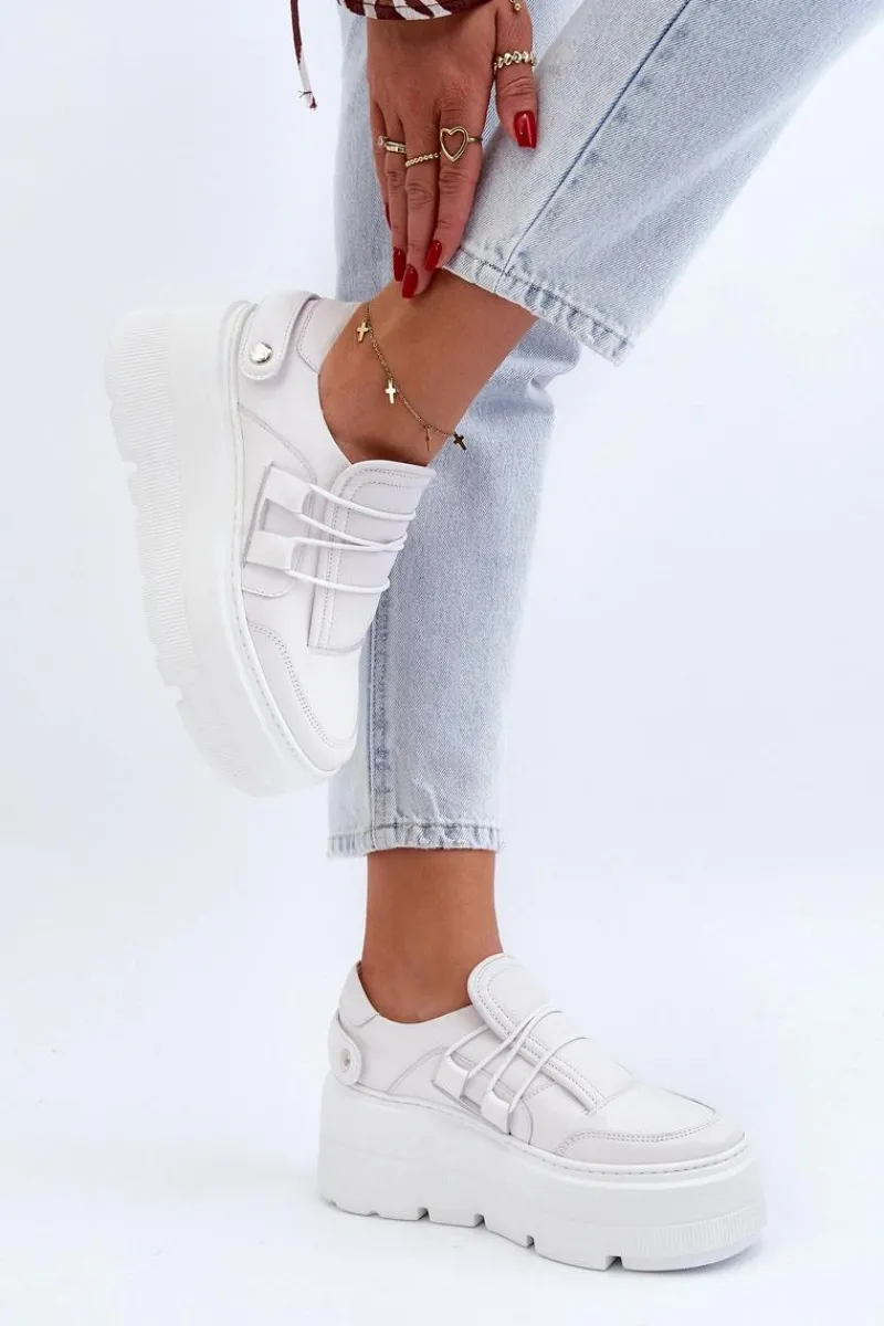 Online 1833 Sneakersy Damskie Skórzane Na Masywnej Podeszwie Białe Damskie Buty Sportowe Na Platformie