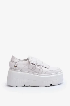 Online 1833 Sneakersy Damskie Skórzane Na Masywnej Podeszwie Białe Damskie Buty Sportowe Na Platformie