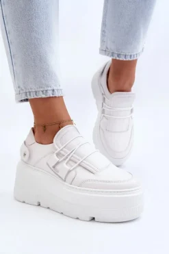 Online 1833 Sneakersy Damskie Skórzane Na Masywnej Podeszwie Białe Damskie Buty Sportowe Na Platformie