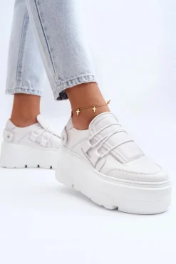 Online 1833 Sneakersy Damskie Skórzane Na Masywnej Podeszwie Białe Damskie Buty Sportowe Na Platformie