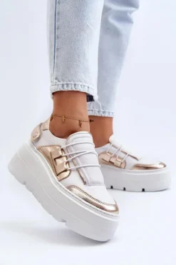 Hot 1833 Sneakersy Damskie Skórzane Na Masywnej Podeszwie Biało-Złote Damskie Buty Sportowe Na Platformie