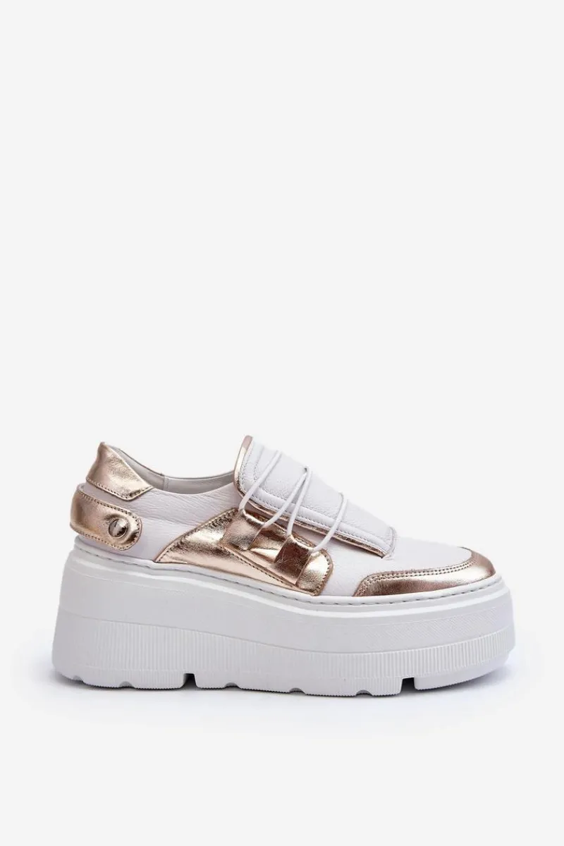 Hot 1833 Sneakersy Damskie Skórzane Na Masywnej Podeszwie Biało-Złote Damskie Buty Sportowe Na Platformie