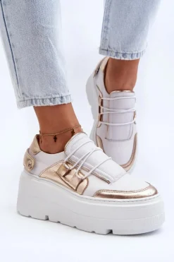 Hot 1833 Sneakersy Damskie Skórzane Na Masywnej Podeszwie Biało-Złote Damskie Buty Sportowe Na Platformie