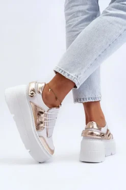 Hot 1833 Sneakersy Damskie Skórzane Na Masywnej Podeszwie Biało-Złote Damskie Buty Sportowe Na Platformie