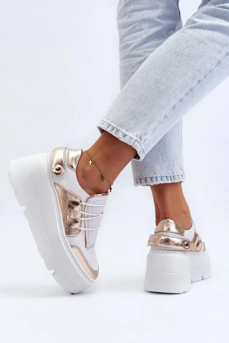 Hot 1833 Sneakersy Damskie Skórzane Na Masywnej Podeszwie Biało-Złote Damskie Buty Sportowe Na Platformie