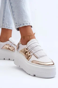 Hot 1833 Sneakersy Damskie Skórzane Na Masywnej Podeszwie Biało-Złote Damskie Buty Sportowe Na Platformie