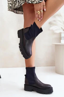 Sale 2947 Wsuwane Botki Damskie Ze Skóry Naturalnej Czarne Damskie Botki Wiosenne|Czarne Botki