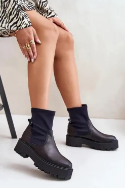 Sale 2947 Wsuwane Botki Damskie Ze Skóry Naturalnej Czarne Damskie Botki Wiosenne|Czarne Botki