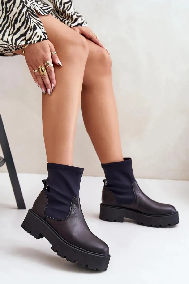 Sale 2947 Wsuwane Botki Damskie Ze Skóry Naturalnej Czarne Damskie Botki Wiosenne|Czarne Botki