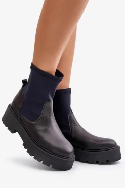 Sale 2947 Wsuwane Botki Damskie Ze Skóry Naturalnej Czarne Damskie Botki Wiosenne|Czarne Botki