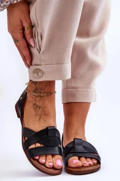 New 40185 Wygodne Skórzane Wsuwane Sandały Czarne Damskie Sandały Płaskie