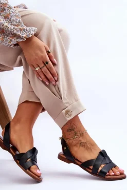 New 40185 Wygodne Skórzane Wsuwane Sandały Czarne Damskie Sandały Płaskie