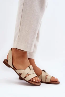 Clearance 40185 Wygodne Skórzane Wsuwane Sandały Beżowe Damskie Sandały Płaskie