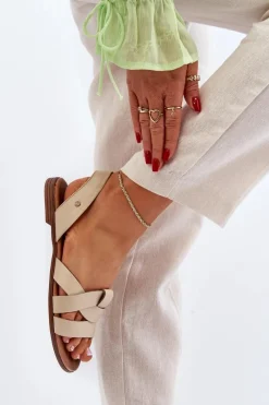 Clearance 40185 Wygodne Skórzane Wsuwane Sandały Beżowe Damskie Sandały Płaskie