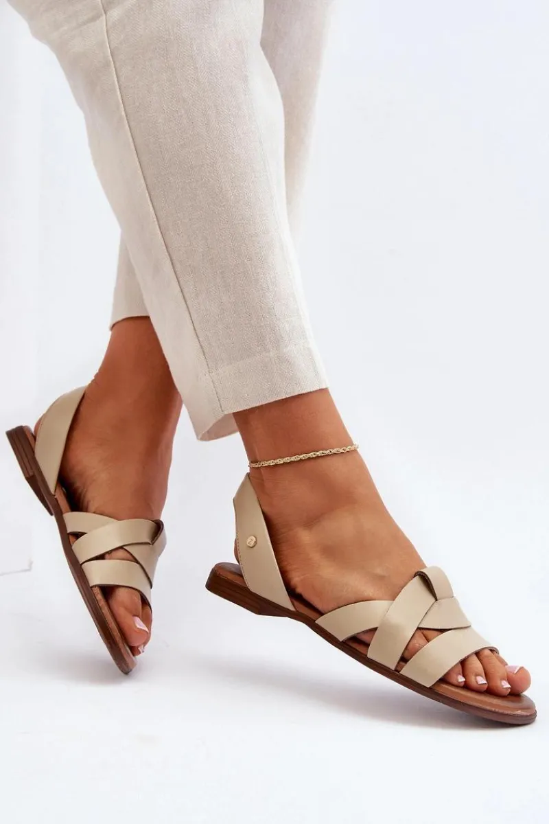 Clearance 40185 Wygodne Skórzane Wsuwane Sandały Beżowe Damskie Sandały Płaskie