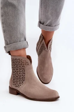 Sale 2791 Zamszowe Ażurowe Botki Beżowe Damskie Botki Wiosenne|Botki Skórzane