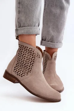 Sale 2791 Zamszowe Ażurowe Botki Beżowe Damskie Botki Wiosenne|Botki Skórzane