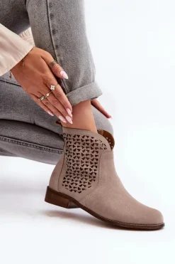 Sale 2791 Zamszowe Ażurowe Botki Beżowe Damskie Botki Wiosenne|Botki Skórzane
