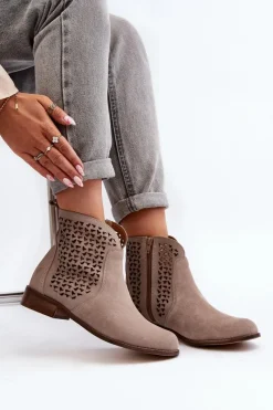 Sale 2791 Zamszowe Ażurowe Botki Beżowe Damskie Botki Wiosenne|Botki Skórzane