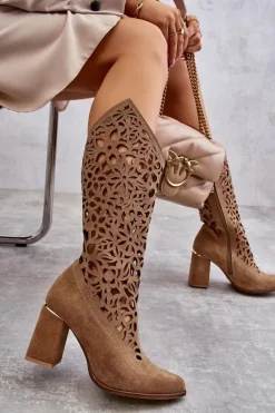 Sale Zazoo 3234 Zamszowe Ażurowe Kozaki Ciemnobeżowe