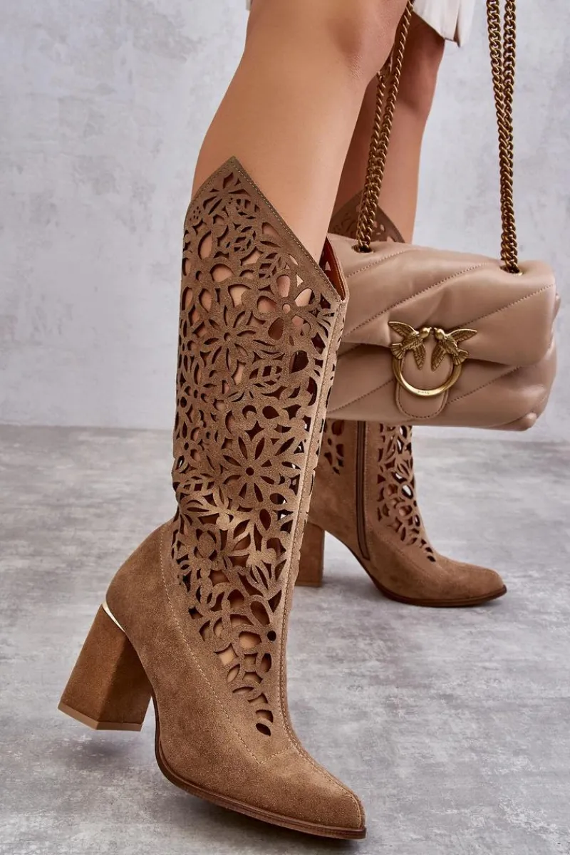 Sale Zazoo 3234 Zamszowe Ażurowe Kozaki Ciemnobeżowe