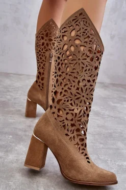 Sale Zazoo 3234 Zamszowe Ażurowe Kozaki Ciemnobeżowe