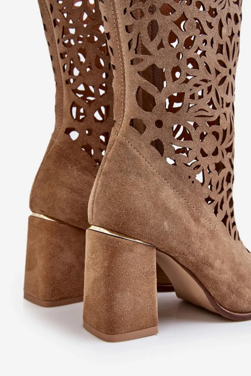 Sale Zazoo 3234 Zamszowe Ażurowe Kozaki Ciemnobeżowe