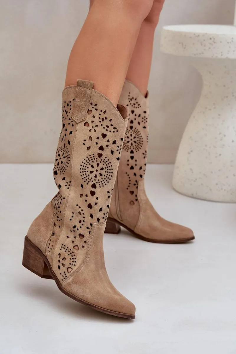 Clearance Boto Zazoo 3396 Zamszowe Ażurowe Kozaki Do Połowy Łydki Beżowe