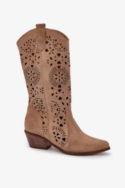 Clearance Boto Zazoo 3396 Zamszowe Ażurowe Kozaki Do Połowy Łydki Beżowe