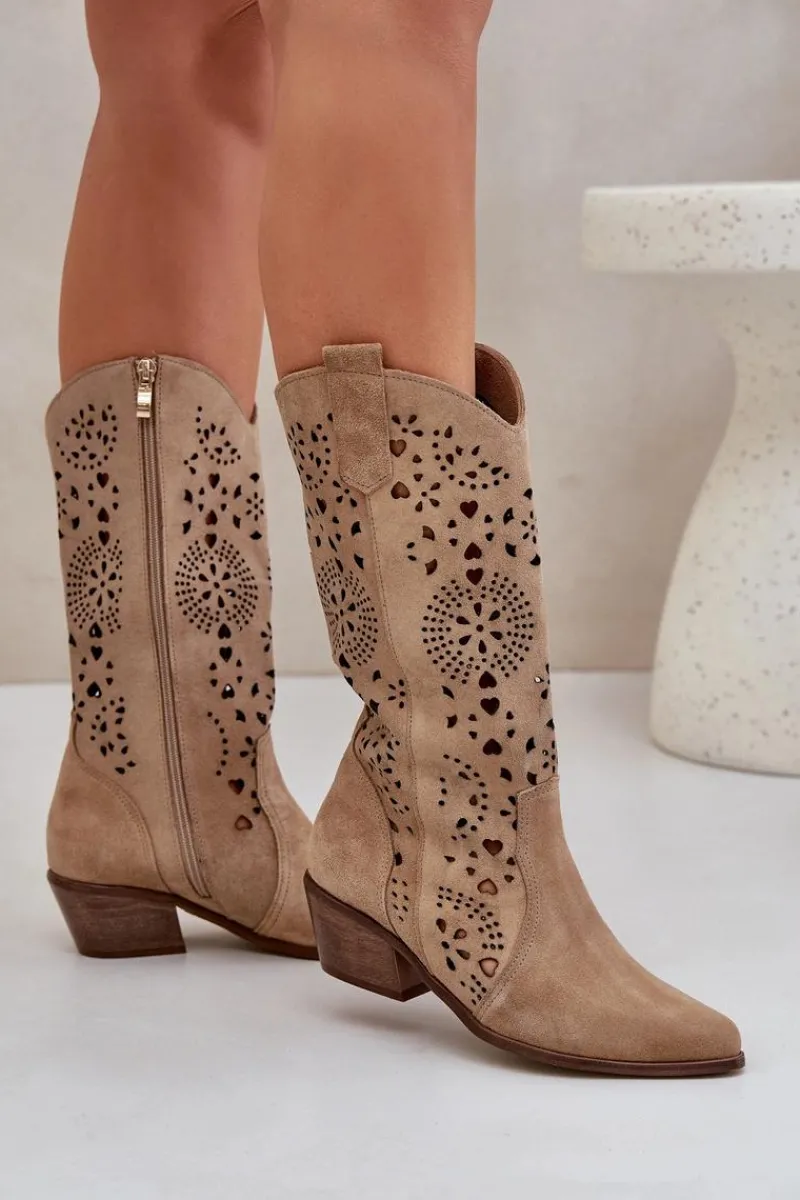 Clearance Boto Zazoo 3396 Zamszowe Ażurowe Kozaki Do Połowy Łydki Beżowe