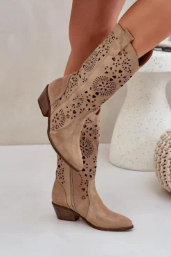 Clearance Boto Zazoo 3396 Zamszowe Ażurowe Kozaki Do Połowy Łydki Beżowe