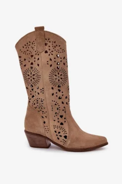 Clearance Boto Zazoo 3396 Zamszowe Ażurowe Kozaki Do Połowy Łydki Beżowe