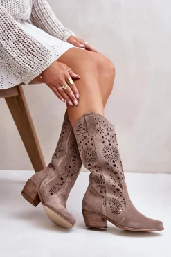 Sale Zazoo 3396 Zamszowe Ażurowe Kozaki Do Połowy Łydki Ciemnobeżowe Damskie Kozaki Wiosenne|Kozaki Ażurowe