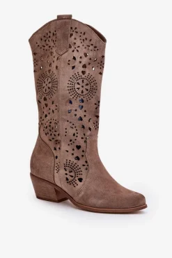 Sale Zazoo 3396 Zamszowe Ażurowe Kozaki Do Połowy Łydki Ciemnobeżowe Damskie Kozaki Wiosenne|Kozaki Ażurowe