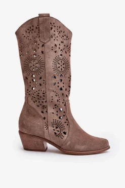 Sale Zazoo 3396 Zamszowe Ażurowe Kozaki Do Połowy Łydki Ciemnobeżowe Damskie Kozaki Wiosenne|Kozaki Ażurowe