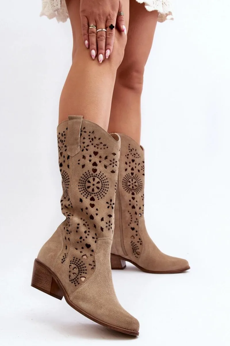 Boto Zazoo 3396 Zamszowe Ażurowe Kozaki Do Połowy Łydki Jasnobeżowe