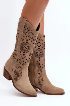 Boto Zazoo 3396 Zamszowe Ażurowe Kozaki Do Połowy Łydki Jasnobeżowe