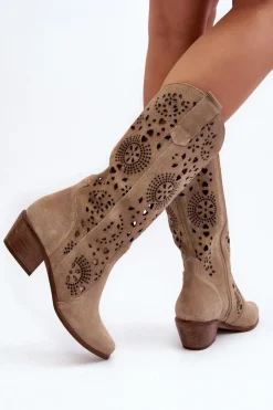 Boto Zazoo 3396 Zamszowe Ażurowe Kozaki Do Połowy Łydki Jasnobeżowe