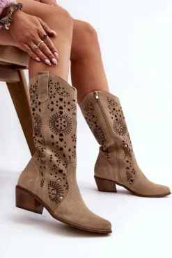 Boto Zazoo 3396 Zamszowe Ażurowe Kozaki Do Połowy Łydki Jasnobeżowe