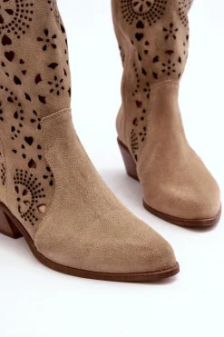Boto Zazoo 3396 Zamszowe Ażurowe Kozaki Do Połowy Łydki Jasnobeżowe