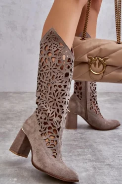 Kozaki Wiosenne|Kozaki Ażurowe>Zazoo 3234 Zamszowe Ażurowe Kozaki 3234 Cappuccino